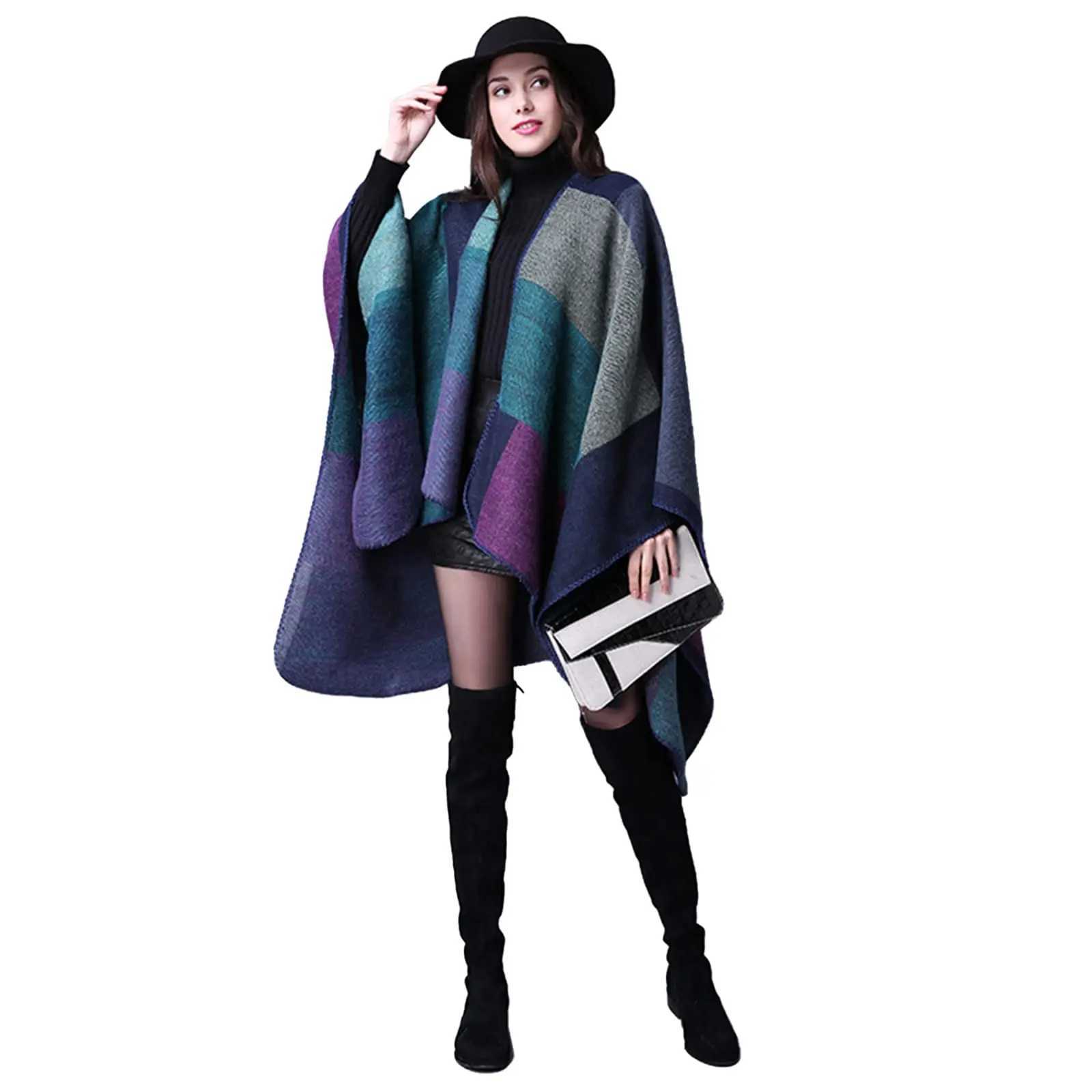 Luxury Thicken Winter Shawl Wraps Cape Women Fall Ponchos Plus Size Block Plaid Open Front Sweater Fleece Scarf Coat Holiday Outfits Y251208