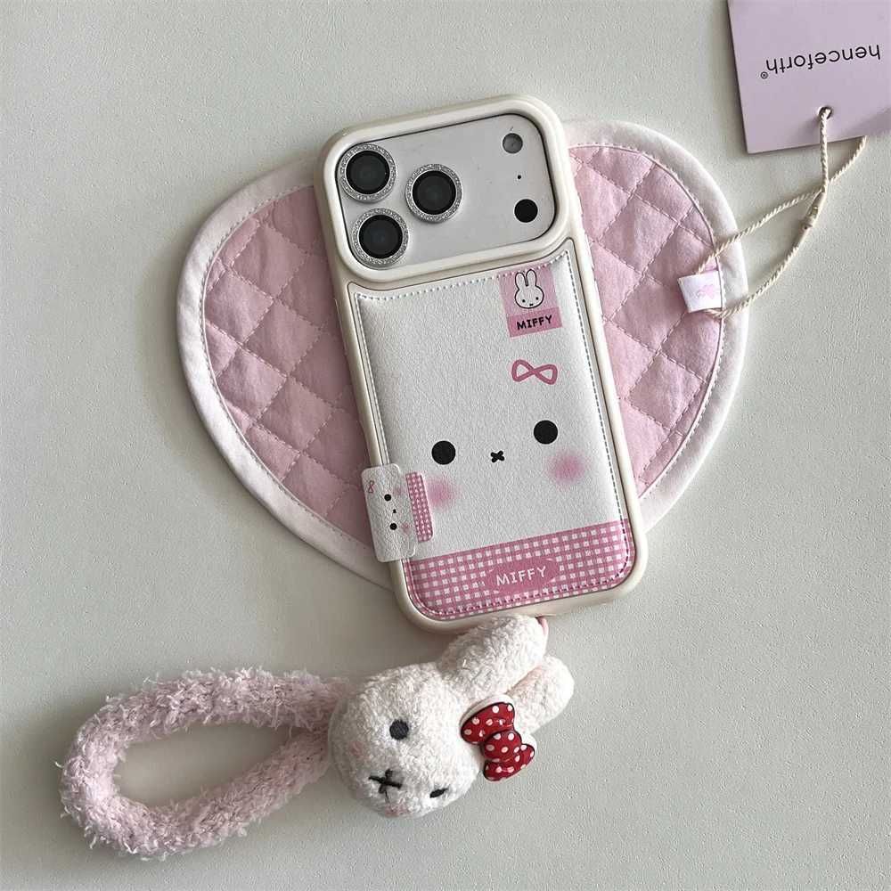 Fashion Leather Plaid Pattern Cute Rabbit phone case For iPhone 16 Pro Max 15 14 13 17 Pro With Lanyard Cartoon Protective Cover C251209