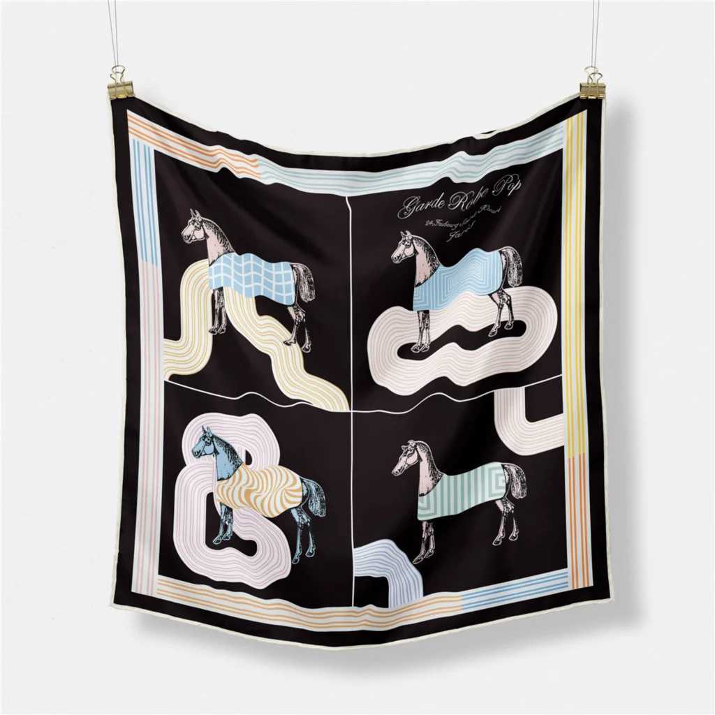 Luxury 53cm New Design Horses Cloak Silk Scarf 2024 Brand Square Scarf Woman Luxury Bandana Headband Hijab Foulard Neckerchief Y251208