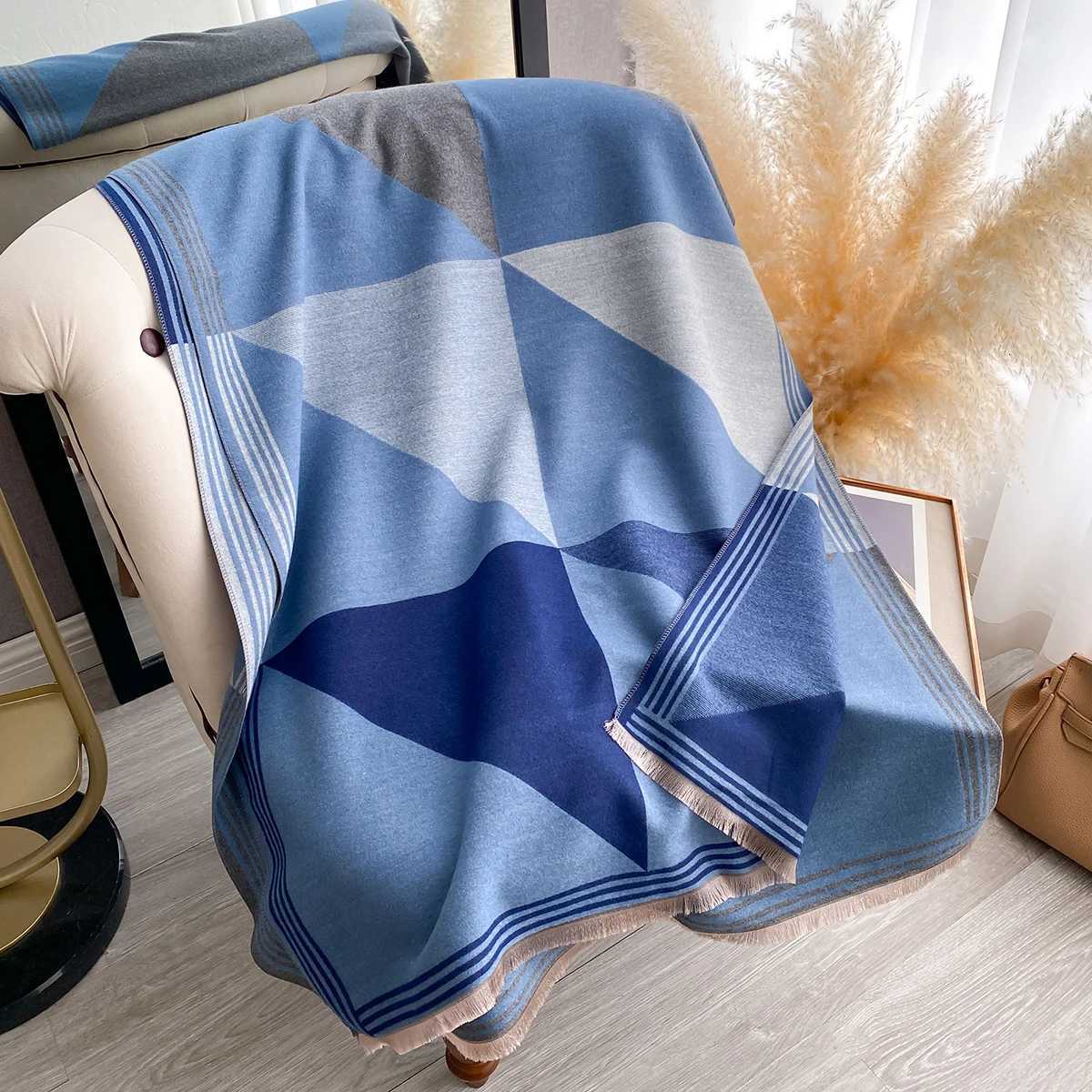 Luxury Brand Winter Blanket Scarf Shawl for Women Warm Pashmina Geometric Color blocks Print Wrap Imitation Cashmere Foulard Scraves Y251208