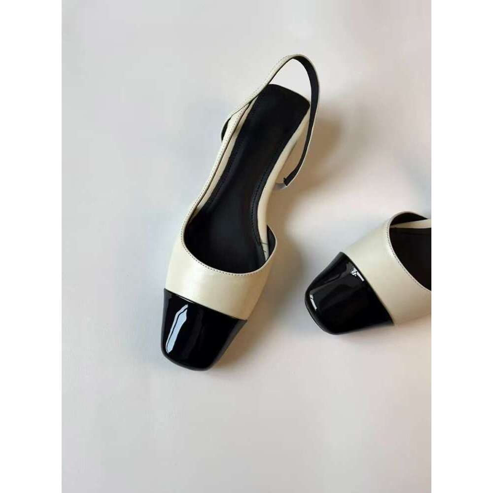 Black square toe flats sling back Sandals with One Strap Chunky Heels Elegant Handmade Designer Shoe Women's Shoes