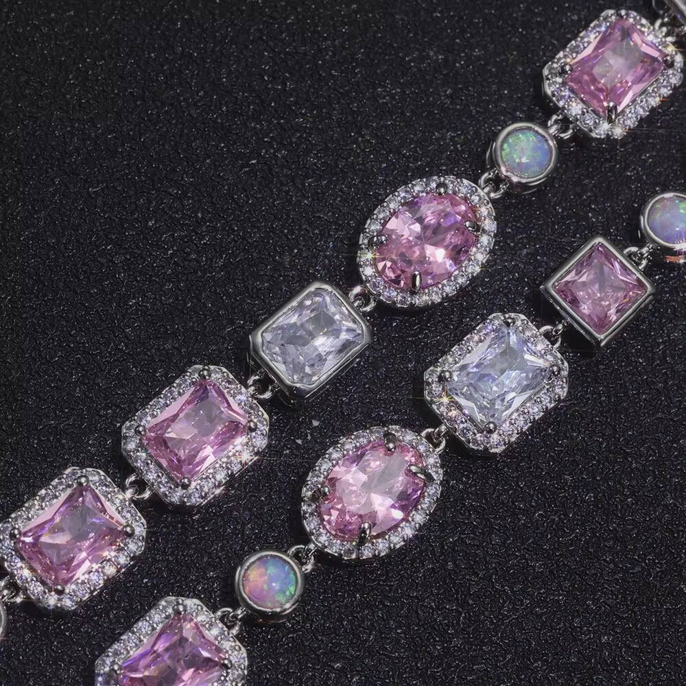 NUOYA 10mm Opal Custom Bling Pink Cz Stone Chain Silver Gold Plated Necklace Geometric Gemstone Motif Iced Out Link Chain
