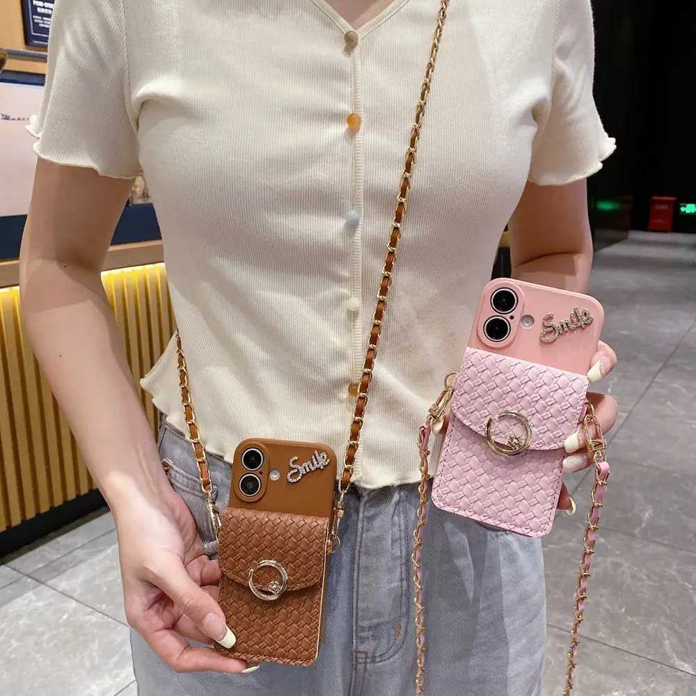 Luxury Woven Pattern Wallet Card Holder Phone Case for iPhone 16 11 12 13 14 15 Pro Max Card Bag Crossbody Strap Lanyard Cover C251209