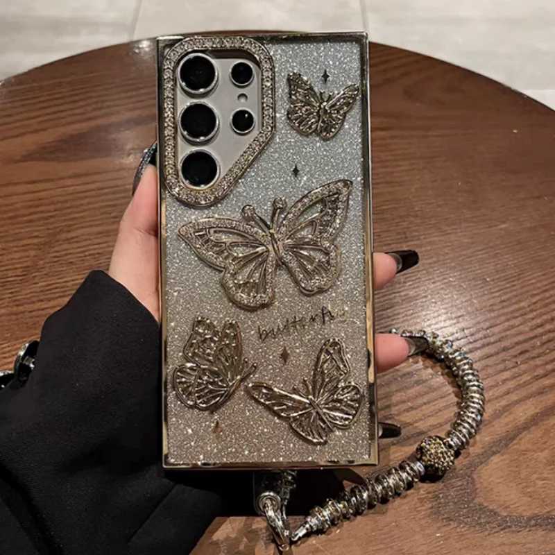 Glitter Cases For S25 tra Luxury Hand Lanyard Cover For Galaxy S24tra S23 FE Plating Soft Anti-drop Case C251209