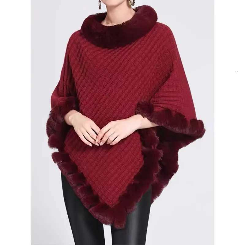 Luxury Elegant thick knit turtleneck with faux fur trim - Womens stylish solid color pullover cape perfect for fall and winter Y251208