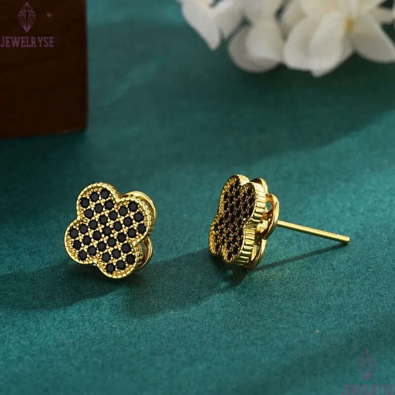 18k gold retro vintage clover designer earrings for women girls sweet lovely flower diamond crystal black red stone rotage earring earings ear rings j