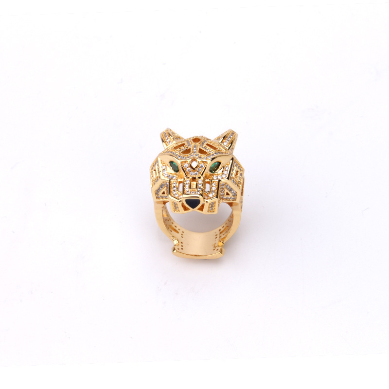 Style Full Diamond Green-Eyed Leopard Head Ring Personality Trendy Leopard Head Ring Epoxy Couple Style Hand Jewelry Wholesale