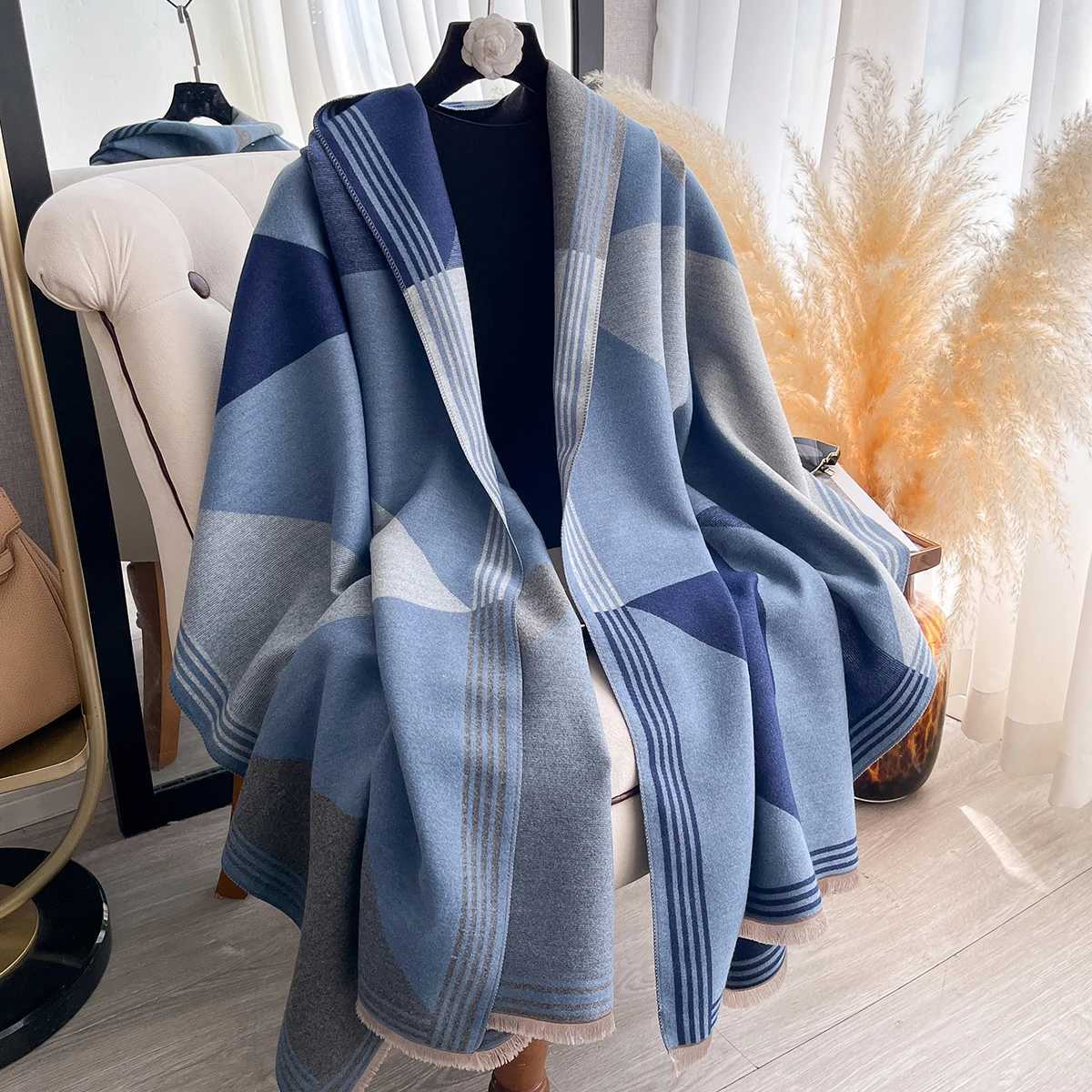 Luxury Brand Winter Blanket Scarf Shawl for Women Warm Pashmina Geometric Color blocks Print Wrap Imitation Cashmere Foulard Scraves Y251208