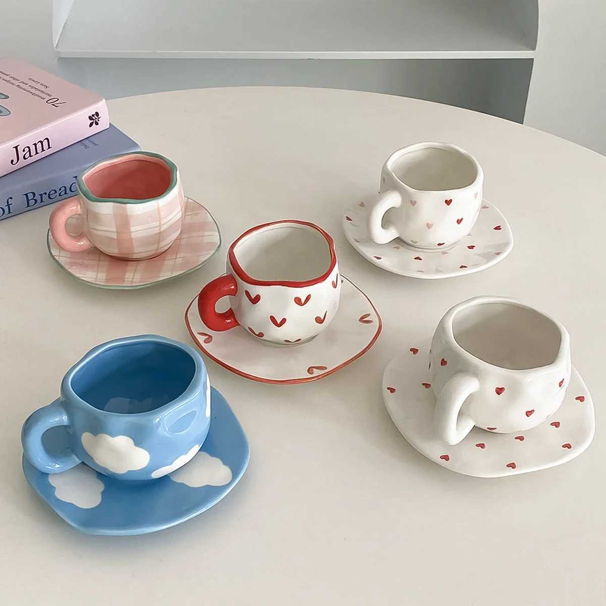280ml Scandinavian Style Hand-Kneaded Ceramic Coffee Cup and Saucer Mti-Color Plaid Blue Sky and White Clouds Flower g H251209