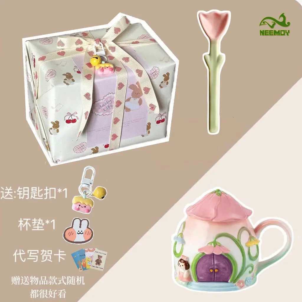 Handmade Cute Girl Ceramic g with Lid Exquisite Coffee Cup with Handle Off Brage Set Restaurant and Hotel Supplies H251209