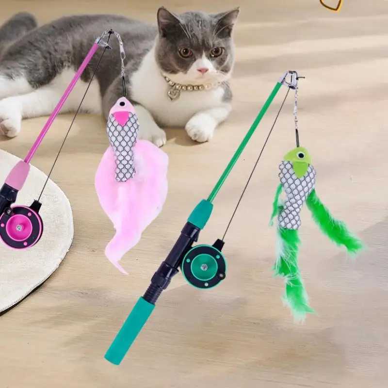 For Kitten Rods Simulation Fishing Rod 1Set Telescopic Cat Toy Fish Type Telescopic Feathers Funny Cat Stick Toys Pet Toy M251209