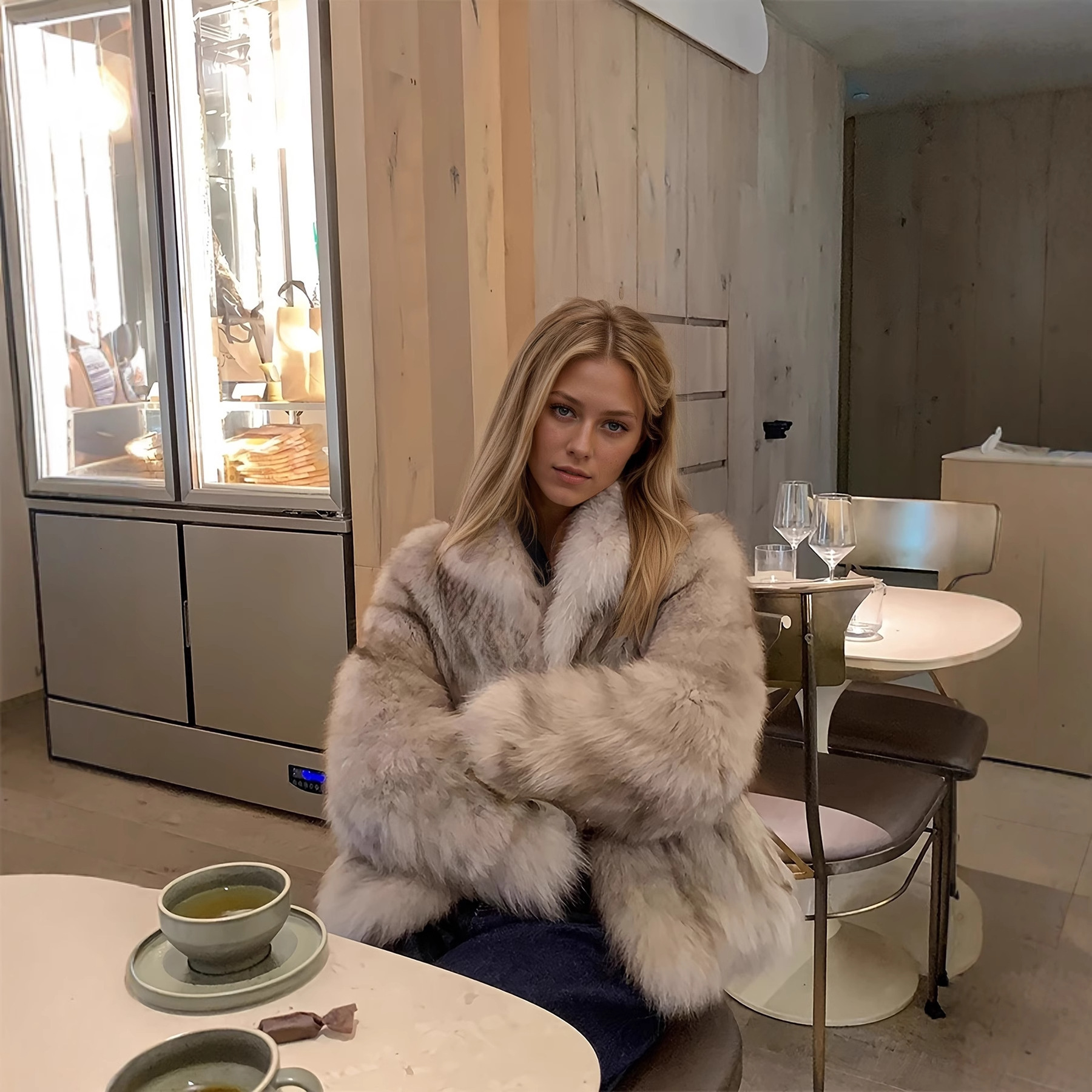 real fur coat women Cross-Border Foreign Trade Hot-Selling Faux Fox Fur Coat for Women, New Style with Turn-Down Collar, Elegant and Versatile Furry T