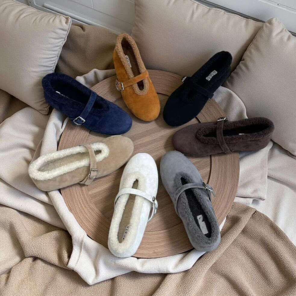 Luxury mary jane Shearling Ballet Flats New warm furry Fashion ladies dress formal office winter shoes designer shoe woman buckle strap suede Round toe leather flat