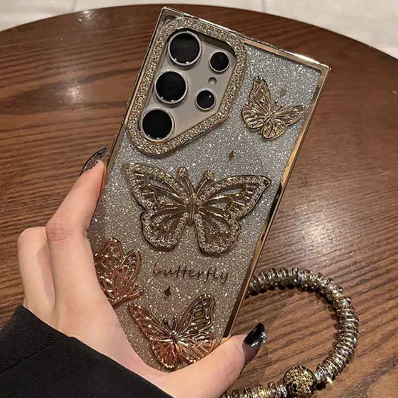 Glitter Cases For S25 tra Luxury Hand Lanyard Cover For Galaxy S24tra S23 FE Plating Soft Anti-drop Case C251209