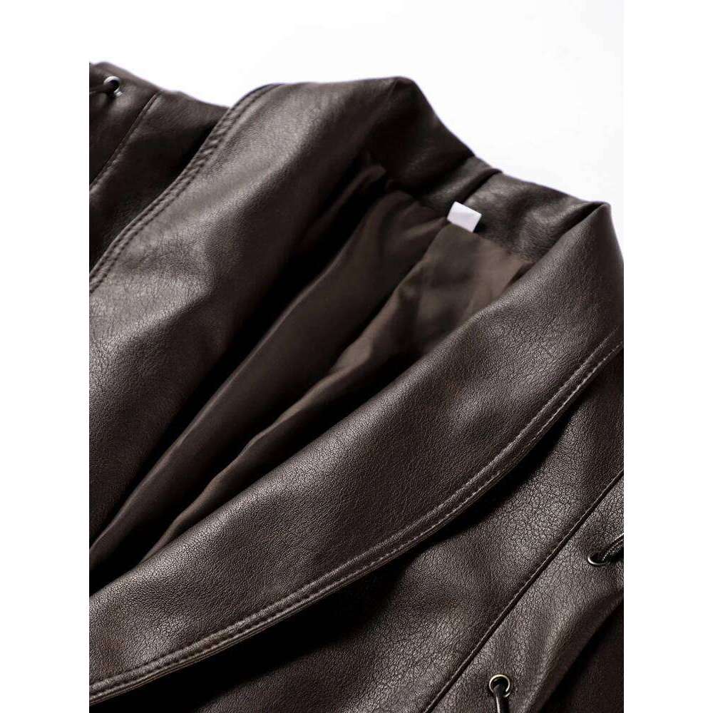 Faux Leather Brown Women Jackets Belt Lace Up Lapel Female Coat Vintage Casual Autumn One Button Long Sleeve Lady Outwear Luxury