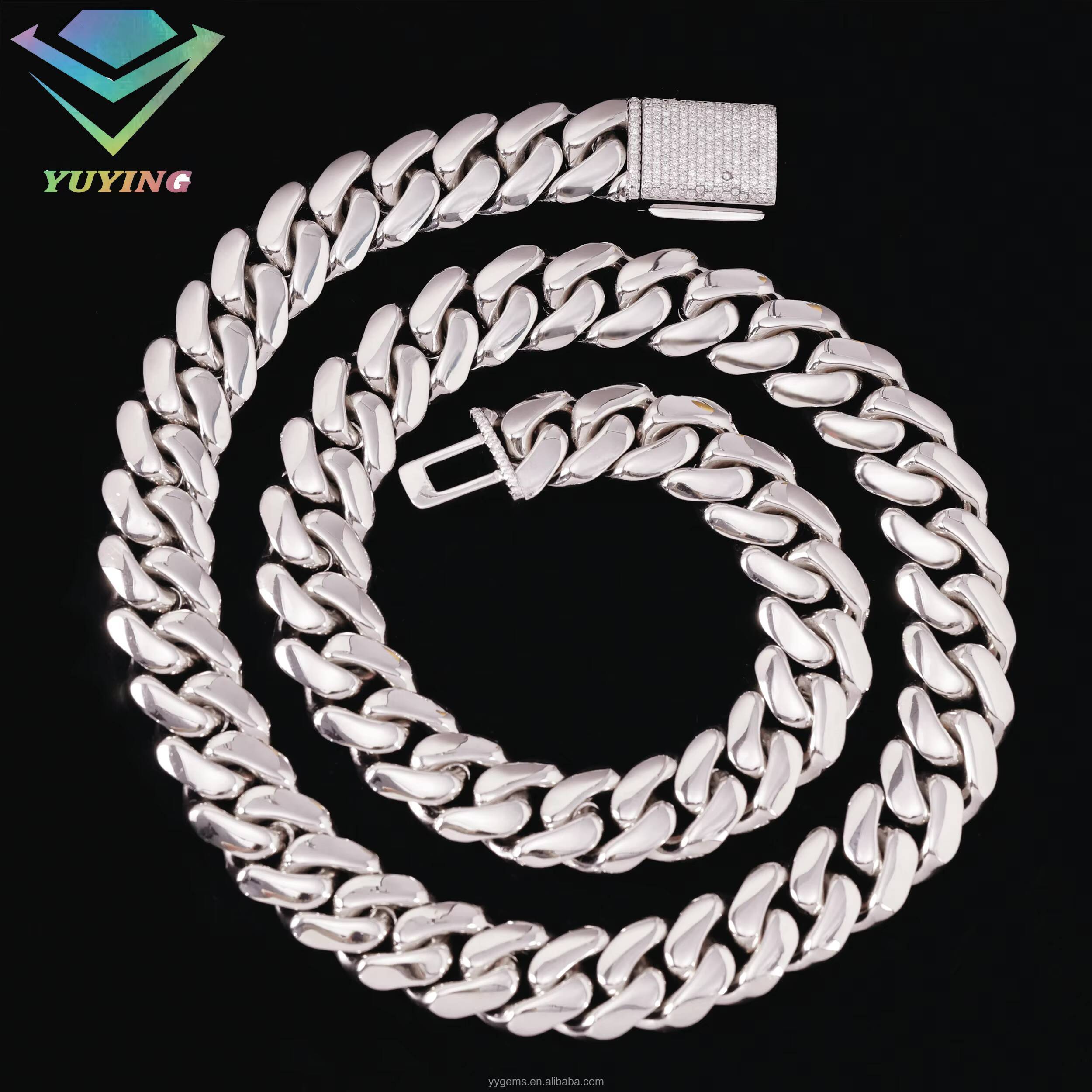 High Polished White Gold Plated 16MM 18MM Miami Cuban Link Chain Solid Silver Men Chain Moissanite Lock Cuban Chain Necklace