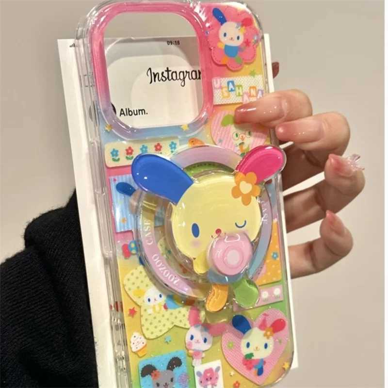 Magnetic color splicing color ear rabbit phone case with rotating magnetic bracket for iPhone 11 12 13 14 15 16 17 pro max C251209