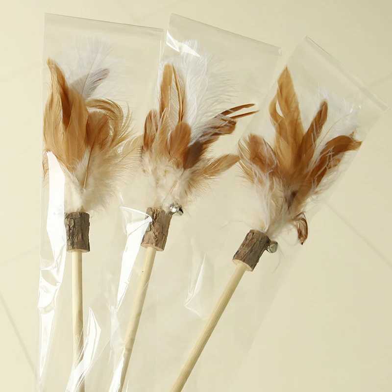 Wooden Stick Ostrich Wool Cat Teaser Wand Kitty Interactive Toys Kitten Funny Feather Colorful Rod Teaser Wand Pet Cat Supplies M251209
