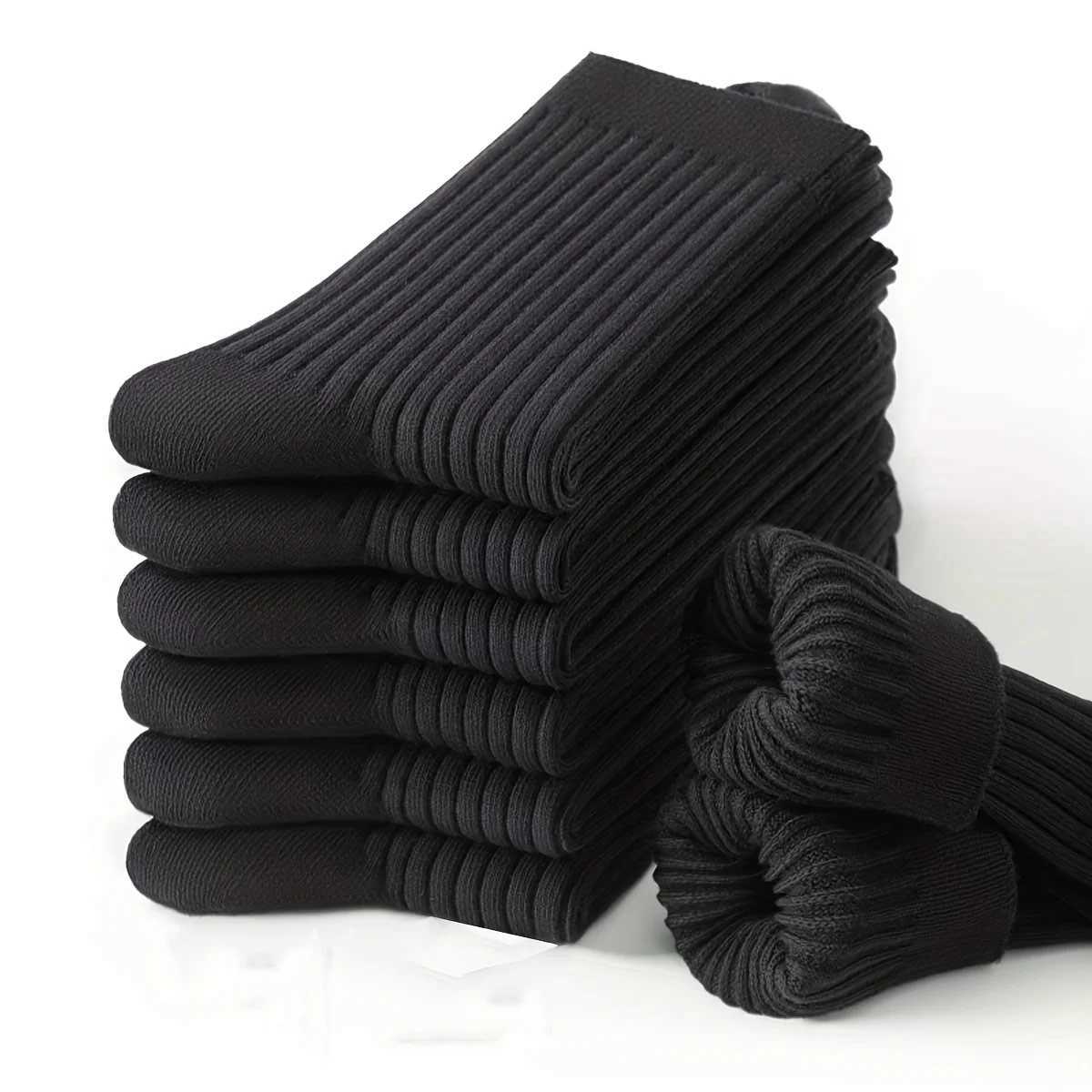 6 Pairs of Mens Pure Color Vertical Pattern Mid-Calf Socks Versatile Black Socks for Business All Seasons BreathableT251209