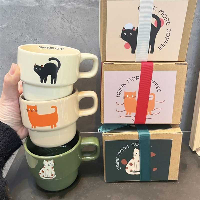 Cute Cartoon Cat Cup with Coaster Cute Cat Cup Mat Ceramic g Water cup Breakfast Milk g Creative Christmas Gift H251209