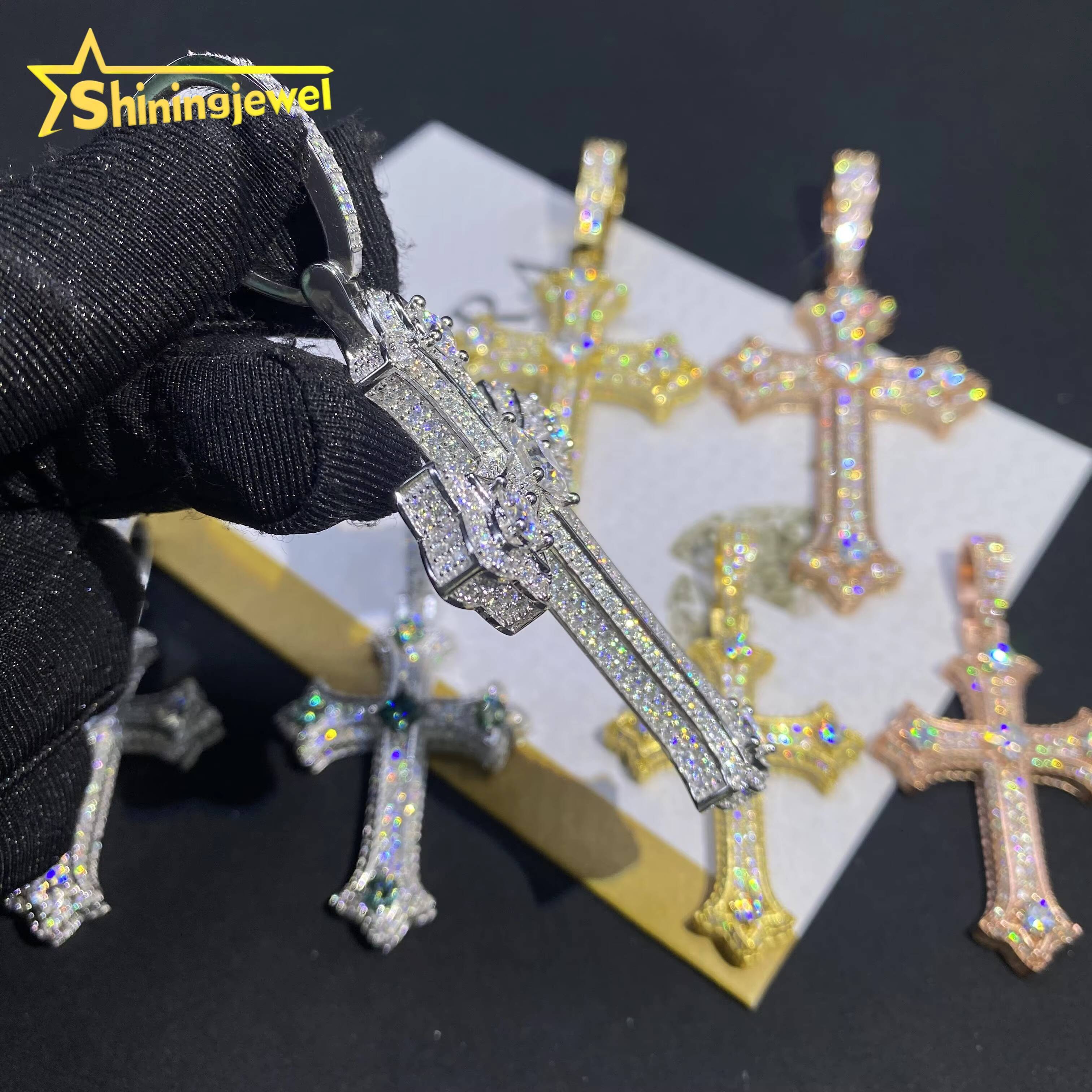 2Sizes VVS Moissanite Jewelry Pendant Iced Out Diamond Hip Hop Green Moissanite Jewelry 925 Silver Cross Pendant Charms