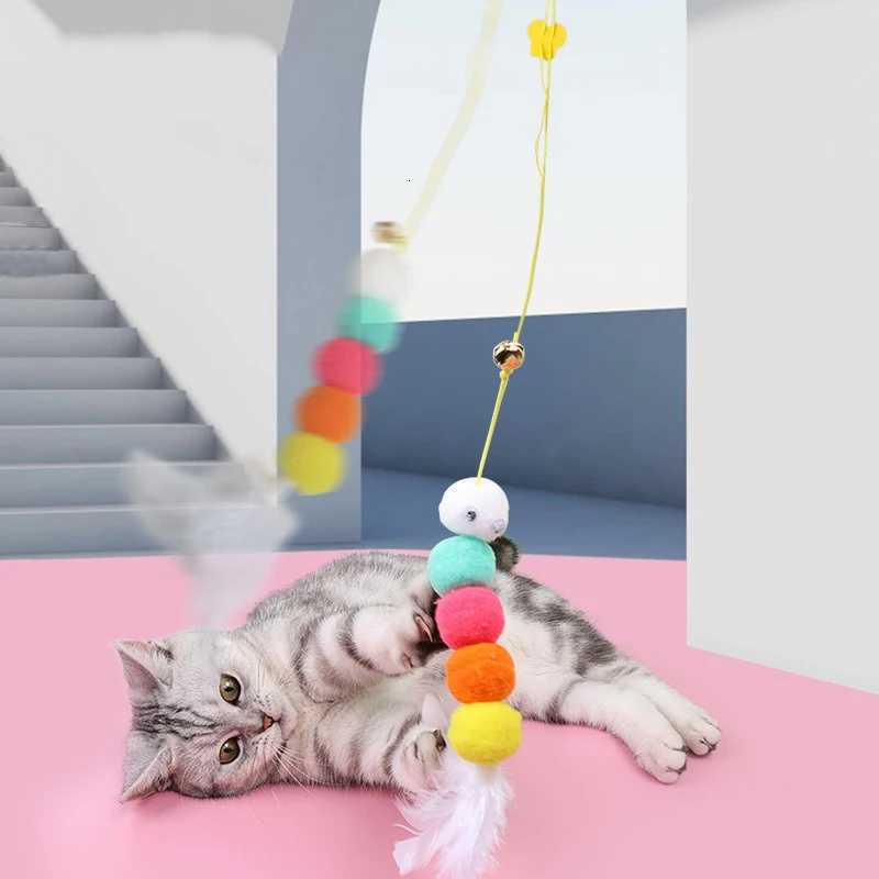 Pet cat-teasing stick Kitten high elastic rope cat toy Feather bell cat-teasing stick hanging swing toy M251209