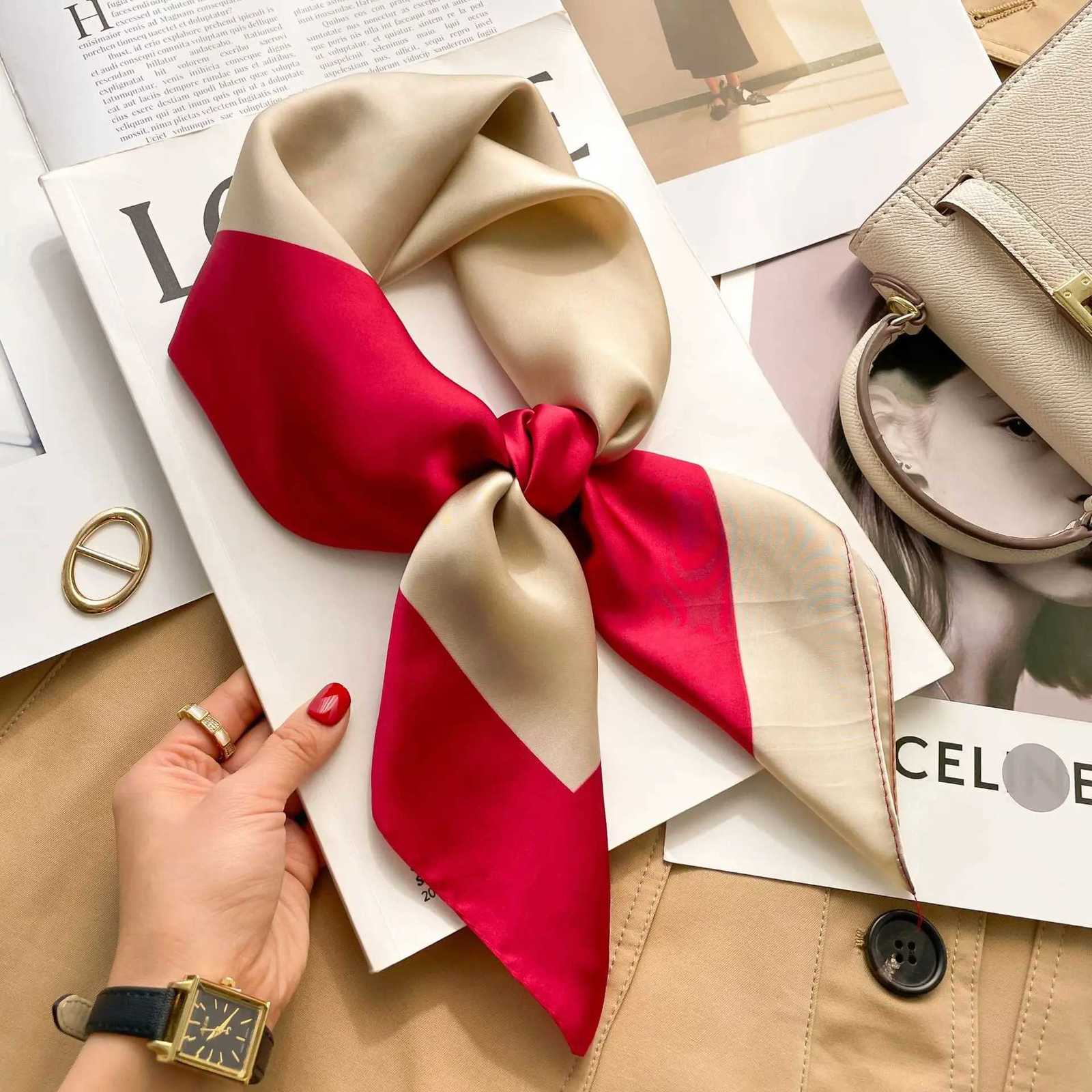 Luxury Luxury 2024 Plaid Print Square Silk Scarf for Women Hijab Hair Bands 70cm Neckerchief Female Satin Shawl Ribbon Headband Y251208a