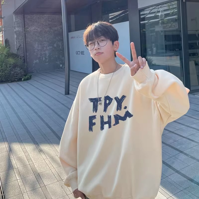 High-Quality Navy Heavyweight Fleece-Lined Cotton Crew Neck Sweatshirt for Boys: Autumn/Winter New Arrival, American Retro Style, Teenager-Friendly