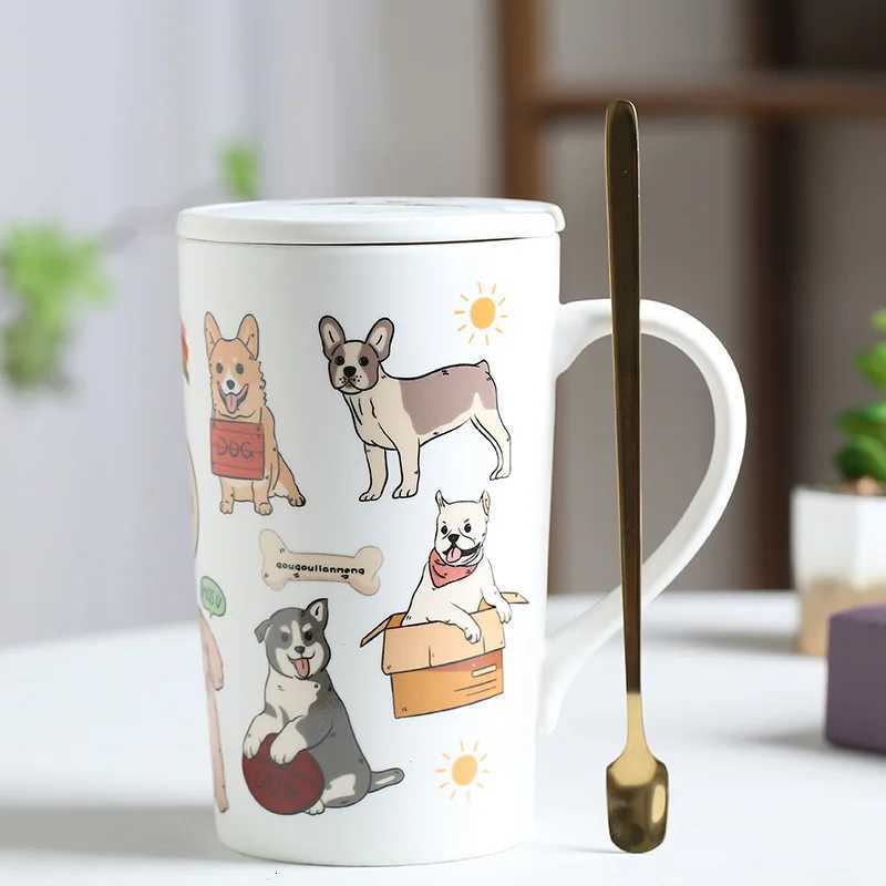 Cartoon Cat and Dog Cup Ceramic Drinkware g Coffee g Spoon with Lid Off Breakfast Milk Water gs Couple Desk Decoration H251209