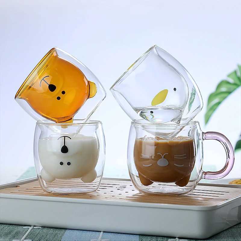 Double Cup Qute Coffee g Bear Cat Dog Transparent Cute Milk Ju Tea Drinking Cups Birthday Party Wine es H251209