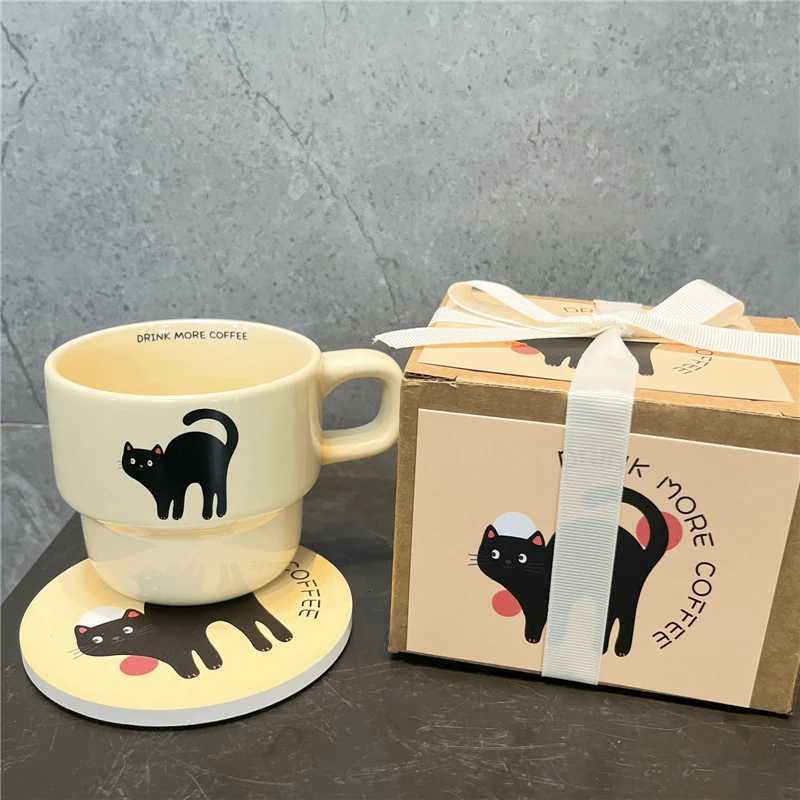 Cute Cartoon Cat Cup with Coaster Cute Cat Cup Mat Ceramic g Water cup Breakfast Milk g Creative Christmas Gift H251209