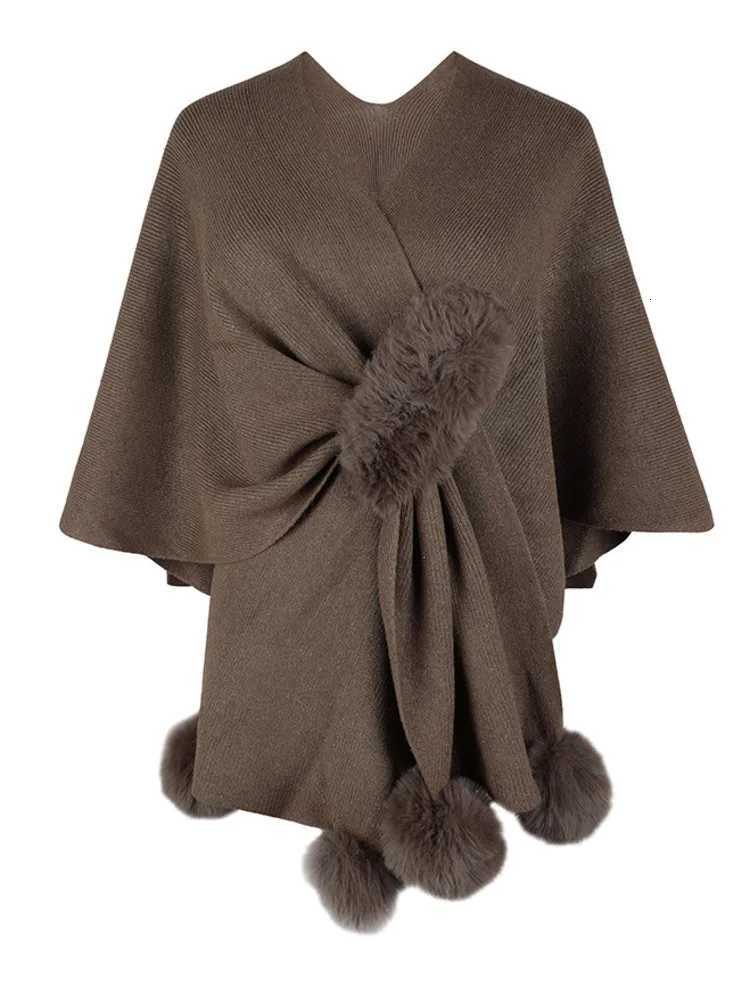 Luxury New 2024 Womens Hairball Patchwork Solid Color Shawl Cardigan Autumn Winter Poncho Batwing Sleeve Sweater Cape Coats Y251208