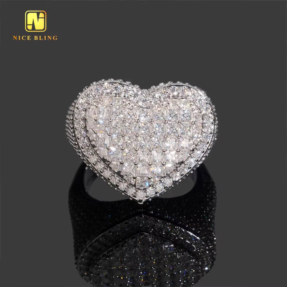 GRA Certificate Princess Cut Custom Hip Hop Rapper Ring VVS Moissanite Diamond Iced Out Jewelry 925 Silver Heart Shape Men Ring