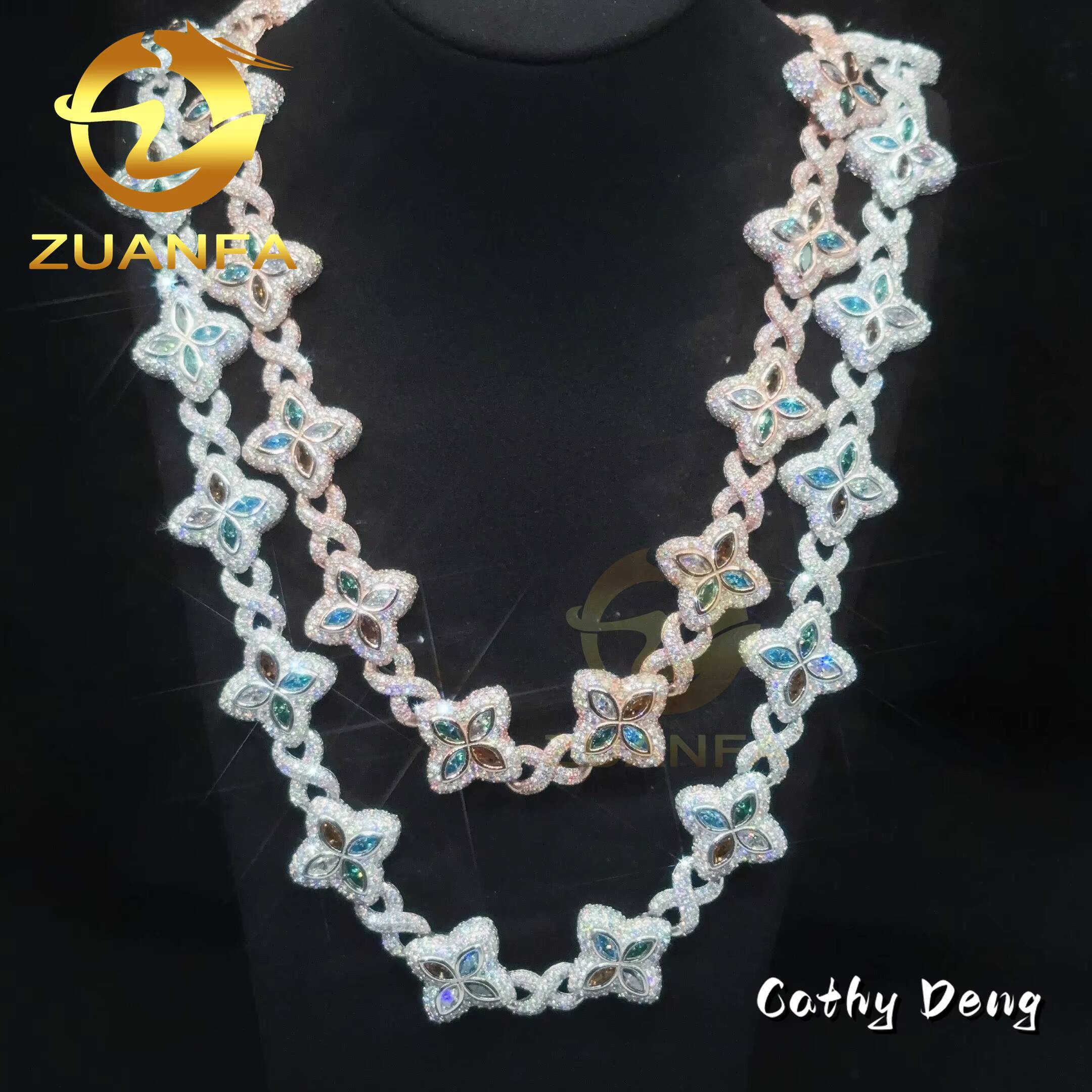 Luxury Color Moissanite Hip Hop Jewelry Marquise Natural Diamond Cuban Link Chain 925 Silver Iced Out Cuban Bracelet Necklace