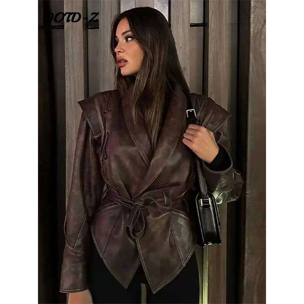 Faux Leather Brown Women Jackets Belt Lace Up Lapel Female Coat Vintage Casual Autumn One Button Long Sleeve Lady Outwear Luxury
