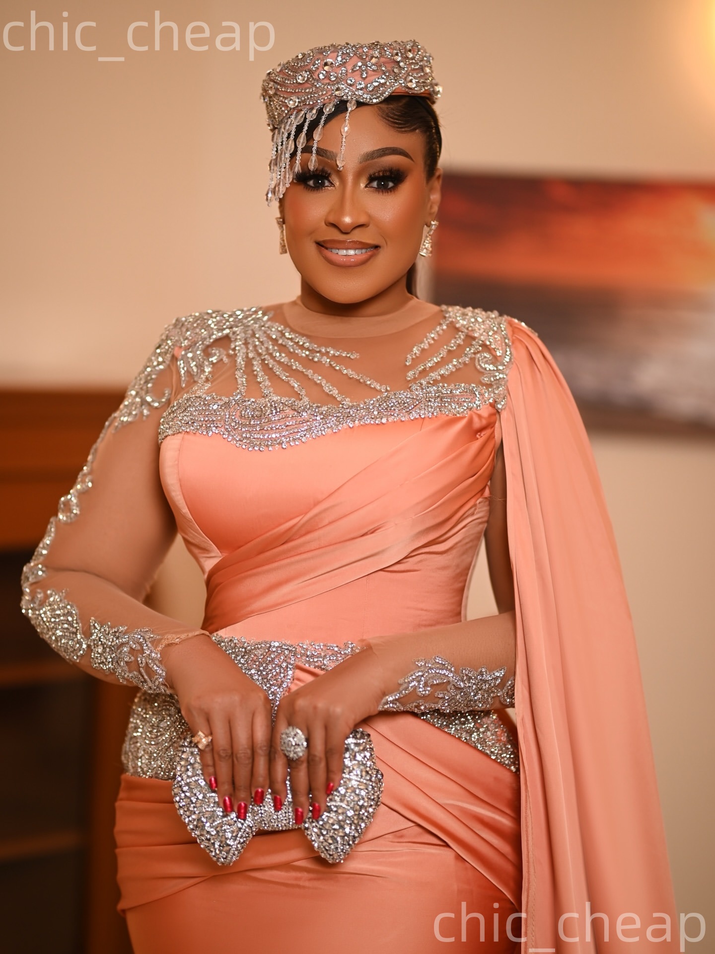 Aso Ebi Coral Mermaid Prom Dresses 2026 Beaded Crystals Satin Elegant Evening Formal Party Second Birthday Engagement Gowns Plus Size Dress For Specia