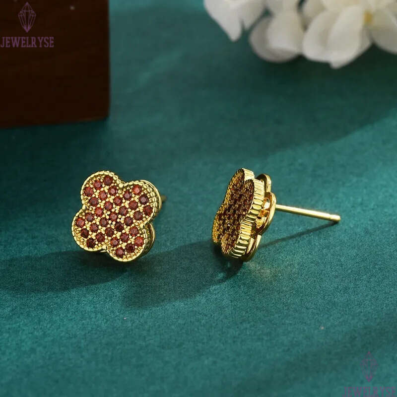 18k gold retro vintage clover designer earrings for women girls sweet lovely flower diamond crystal black red stone rotage earring earings ear rings j