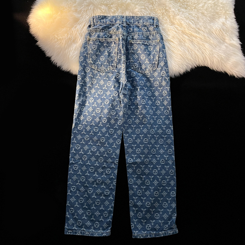Designer Luxury Clothing Trendy Brand Full Print Jeans For Men, Loose Straight Long Pants For Autumn, Ins American Retro Vibe Style Streetwear Pants