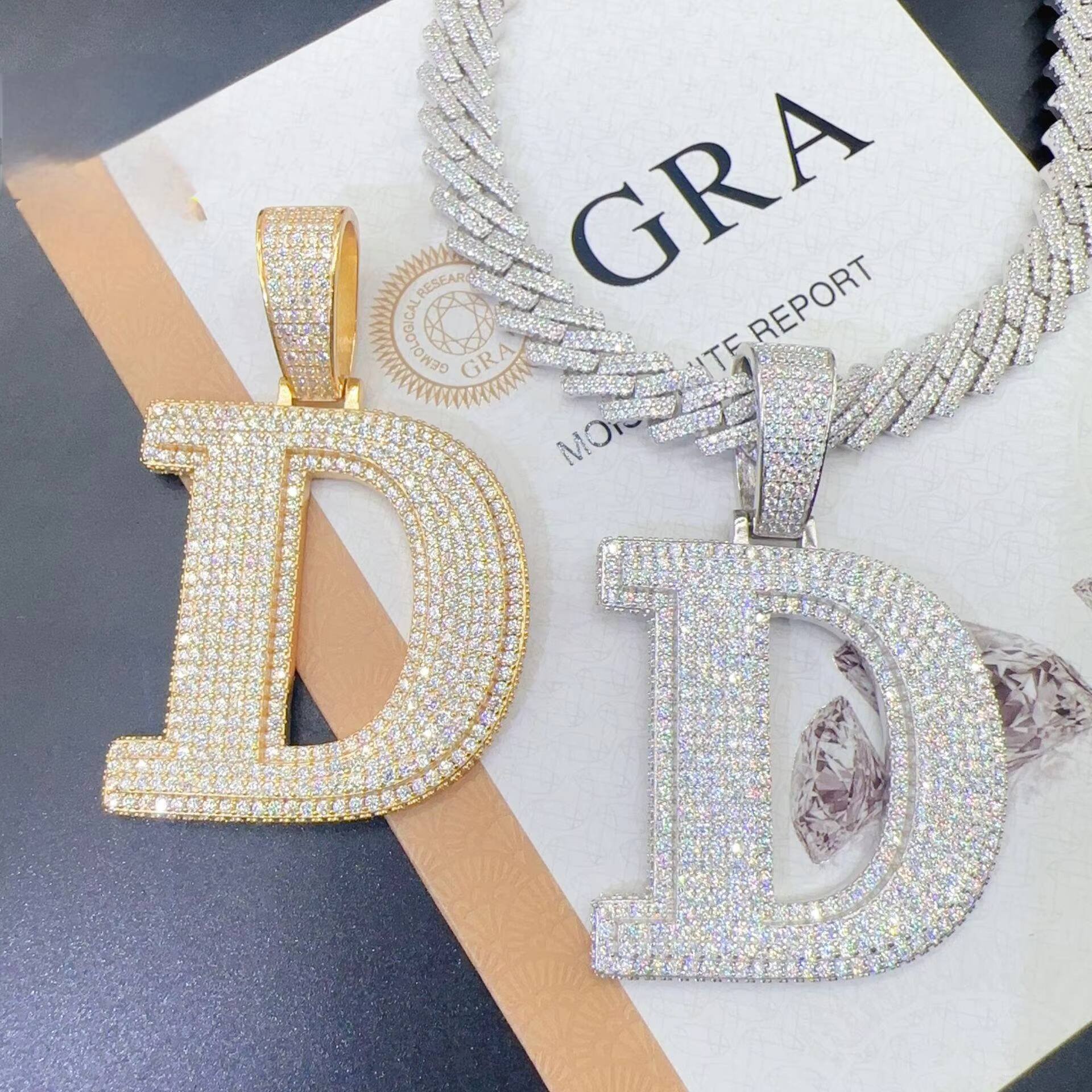 Hip Hop Jewelry Iced Out Pendant Letter for Cuban Link Chain 925 Silver Moissanite Diamond Custom Luxury Letter Pendant Necklace
