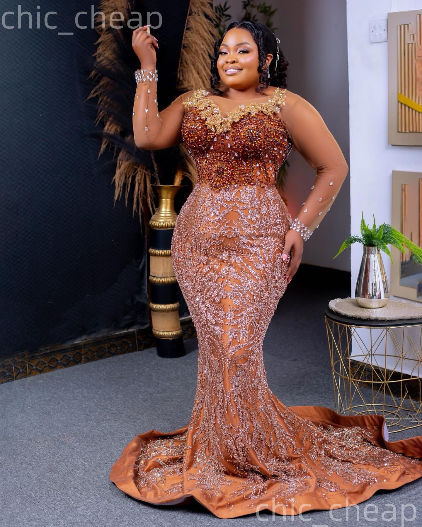 Aso Ebi Brown Mermaid Prom Dresses 2026 Flowers Crystals Sheer Neck Evening Formal Party Second Birthday Engagement Gowns Plus Size Dress For Special 
