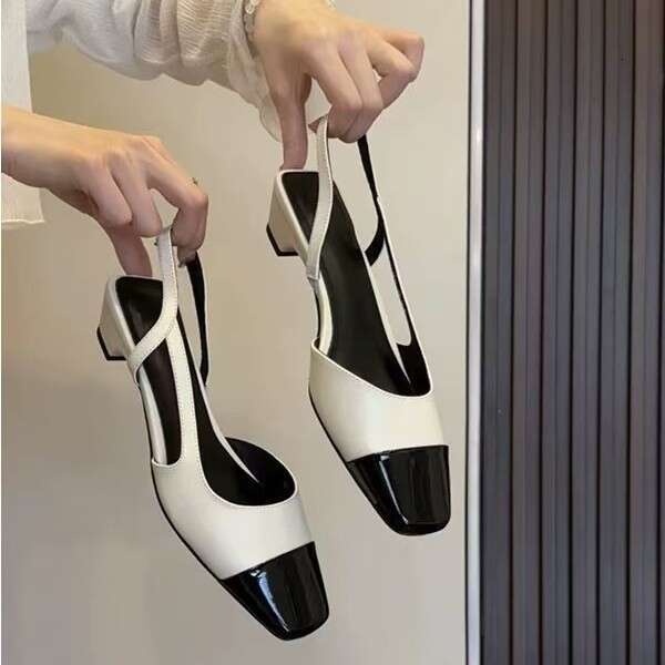 Black square toe flats sling back Sandals with One Strap Chunky Heels Elegant Handmade Designer Shoe Women's Shoes