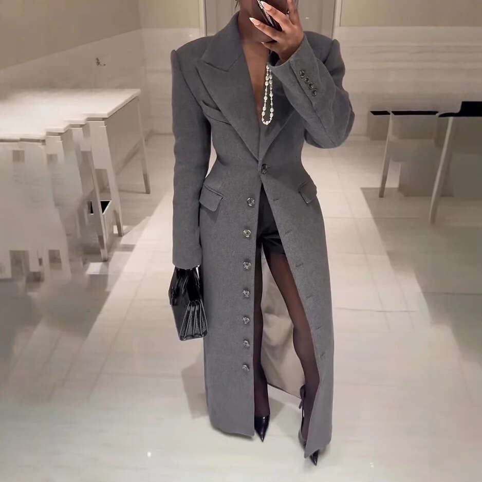 Autumn European And American Style Women's Fashion New Single-Breasted Gray Fashionable Long Coat B5