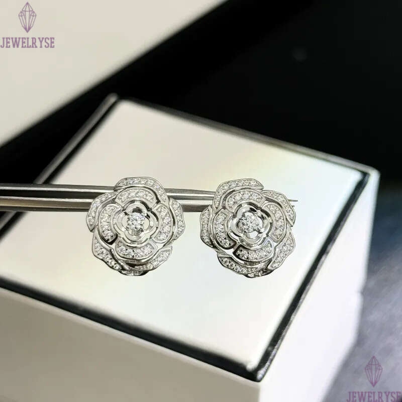 S925 sterling silver camellia flower designer stud earrings for women luxury diamond zircon hollow rose flowers aretes earring earings ear rings jewel