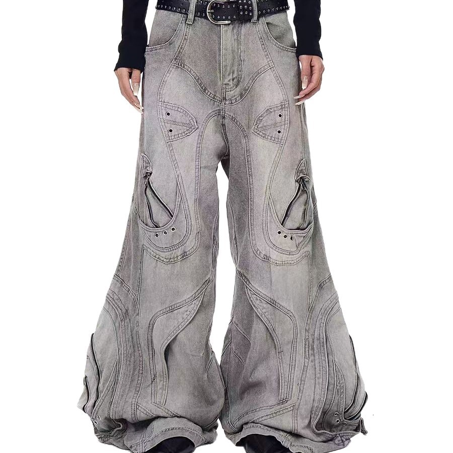 Designer jeans American High Street Design Irregular Cargo Pants for Women, Punk Style Heavy Stitching Scimitar Pants, Autumn 2025