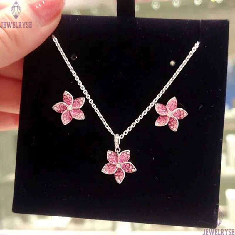 Luxury lovely red flower floral designer earrings for women romantic shine crystal cz zircon elegant charms earring earings ear rings necklace jewelry