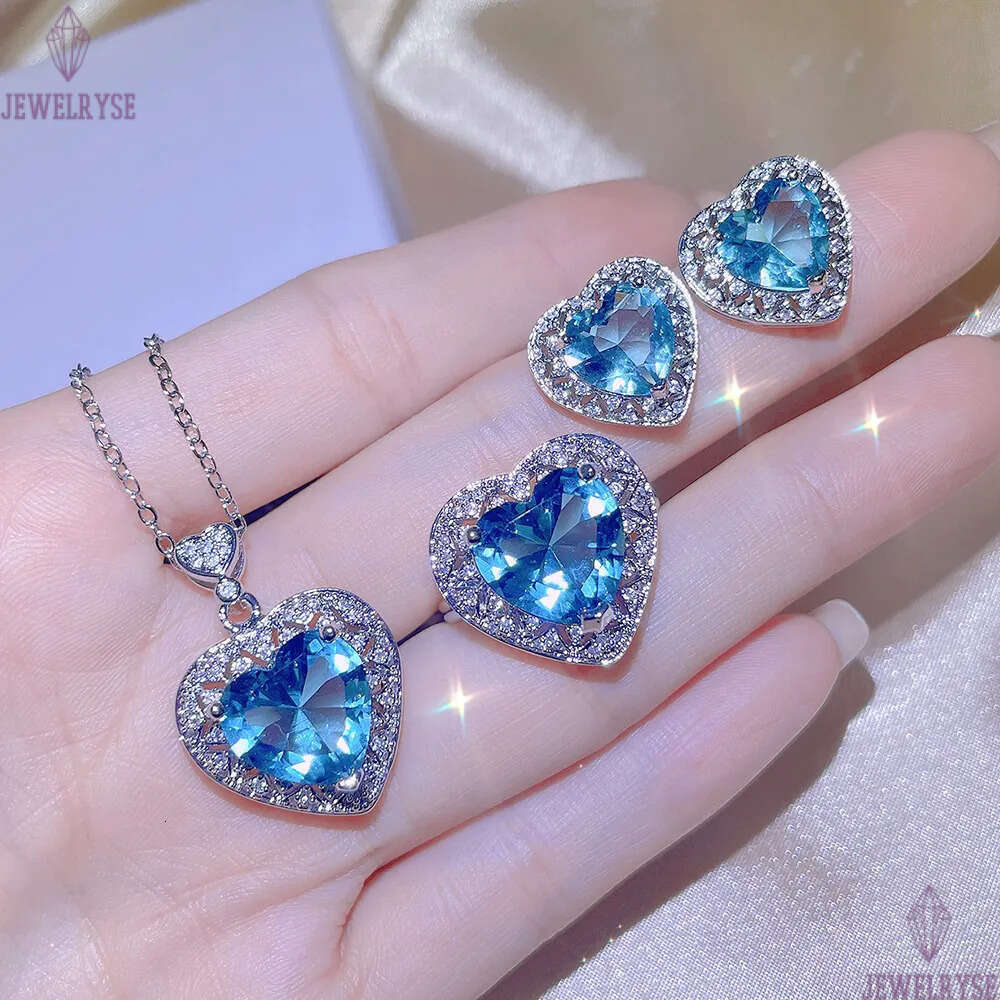 Womens Bling Blue Stone Crystal Diamond Stud Earrings Necklace Rings Nice Shining Zircon OL Designer Ear Ring Love Heart Earring Earings Jewelry