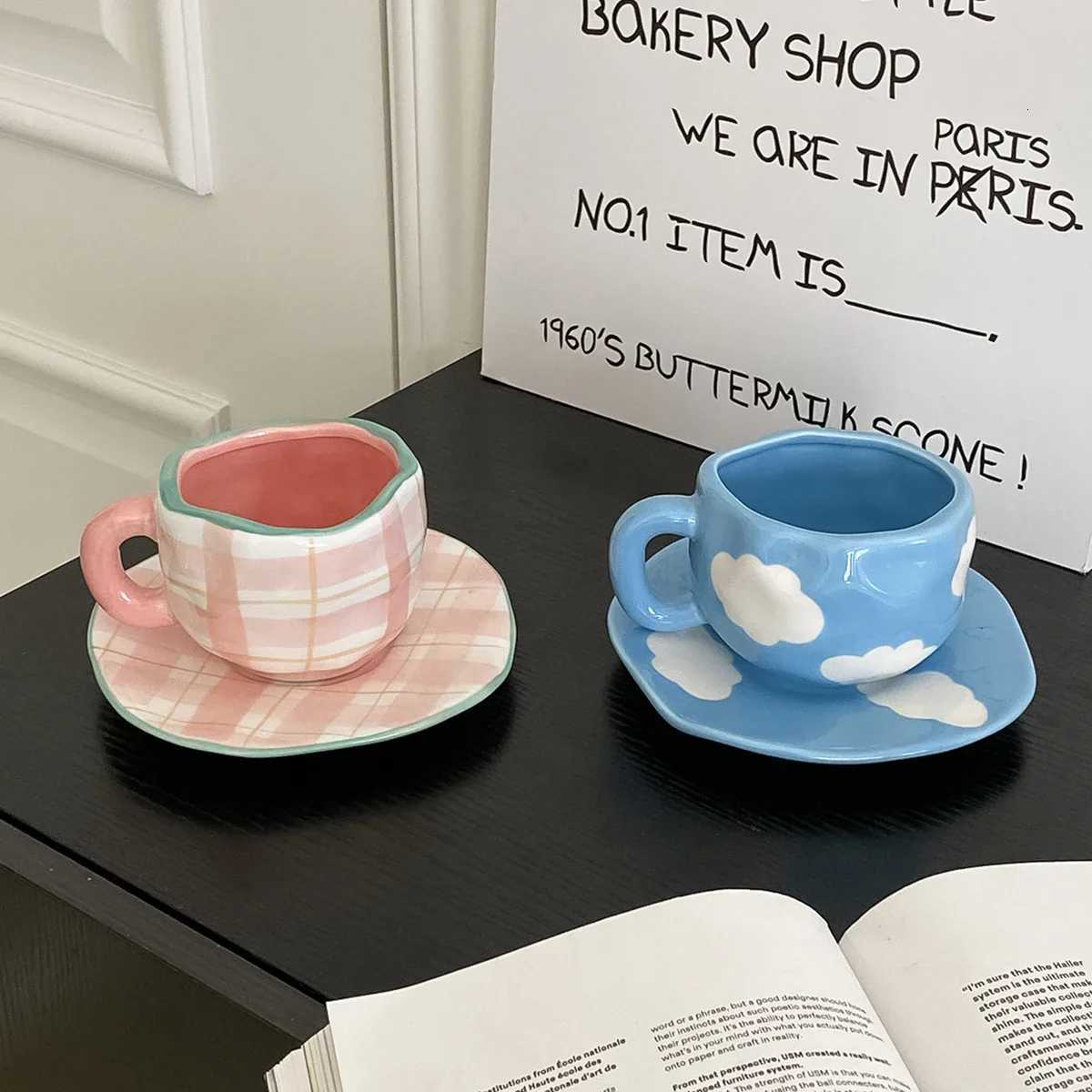 280ml Scandinavian Style Hand-Kneaded Ceramic Coffee Cup and Saucer Mti-Color Plaid Blue Sky and White Clouds Flower g H251209