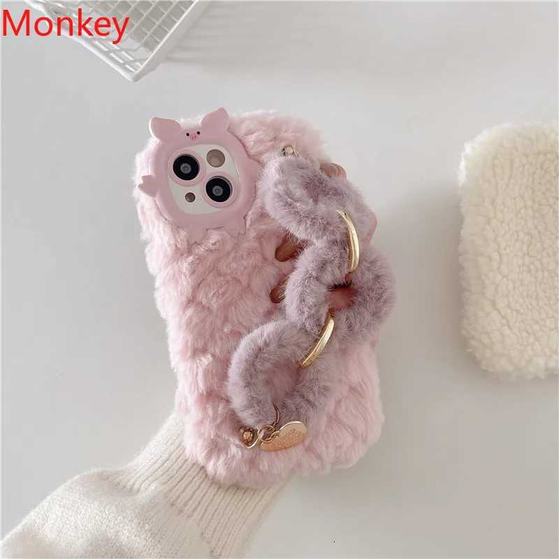 Cute Korean Fur Wrist Chain Silicone Case For iPhone 17 16 Pro Max 15Plus 14 13 12 11 Winter Furry Fluffy Plush Wrist Band Cover C251209
