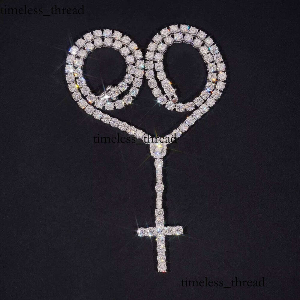 New Hot Sale Iced Out 5mm Wide 925 Sterling Silver VVS Silicon Stone Rosary Cross Tennis Chain Necklace