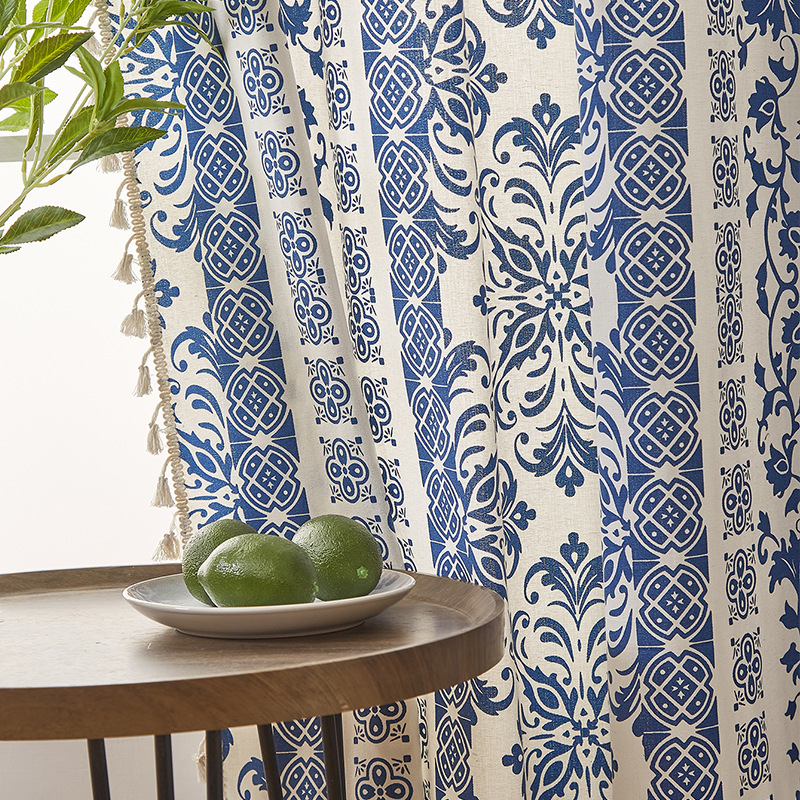 Retro cotton and linen curtains, semi-sheer, for kitchen windows or doorways, with a rod pocket, in blue. FGS901
